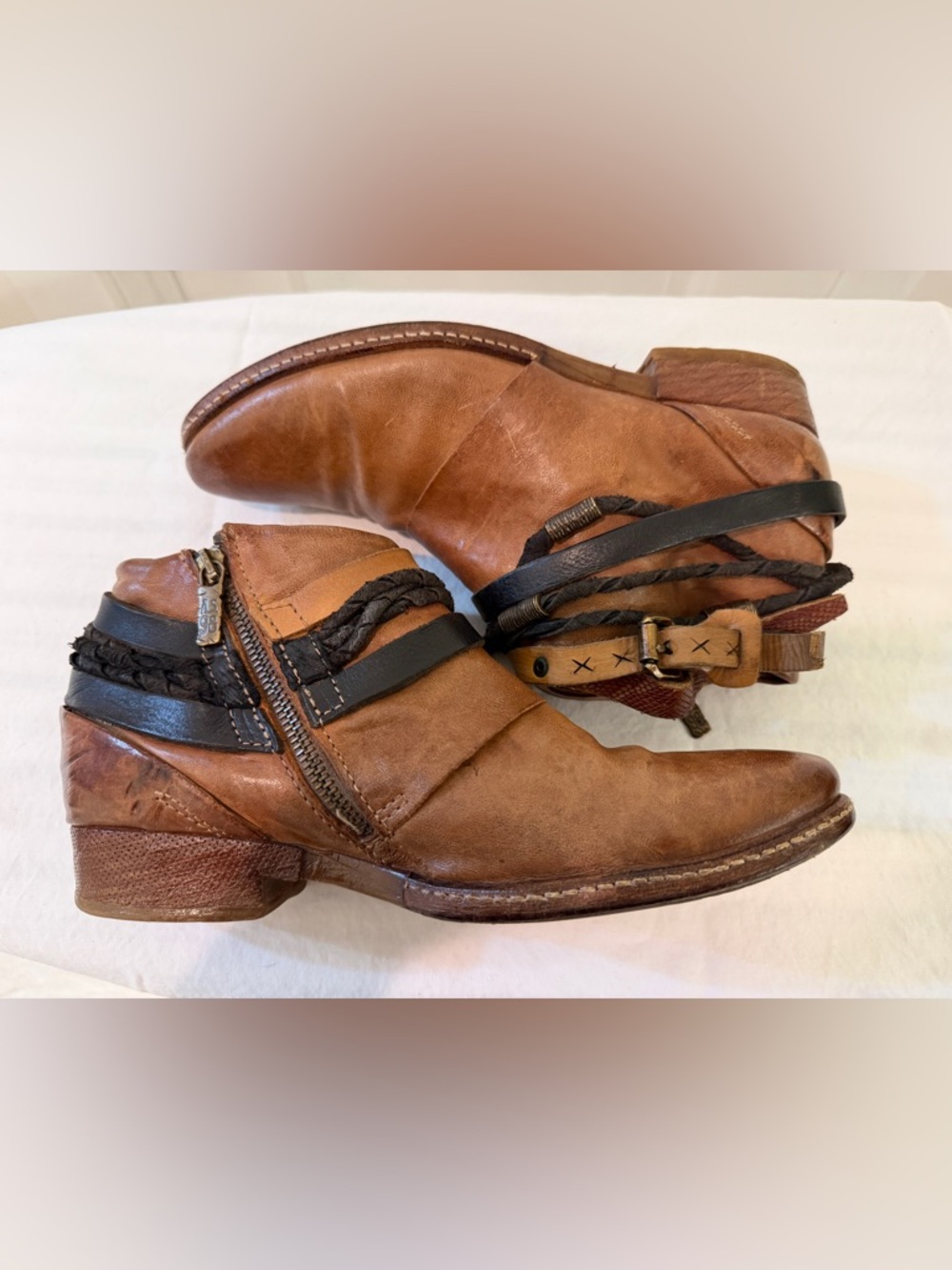A.S. 98 Brand - Boho Chic Women's Brown Ankle Boots with Braided Straps/Buckels - Picture 4 of 9